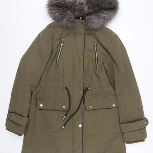 Oasis Women’s Green L Parka Coat with Faux Fur Hood