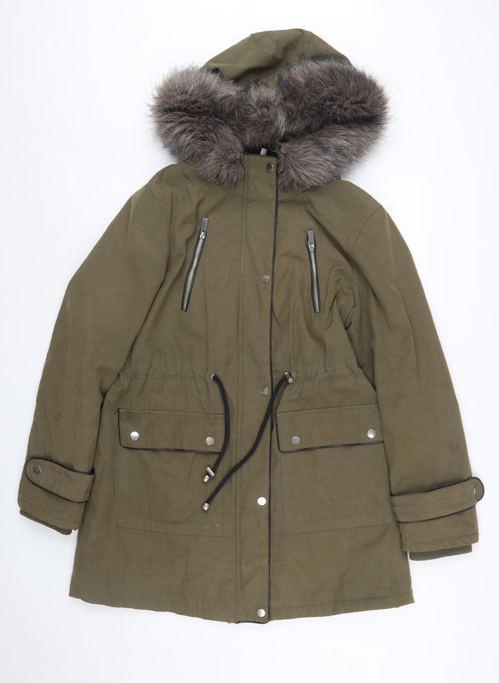 Oasis Women’s Green L Parka Coat with Faux Fur Hood