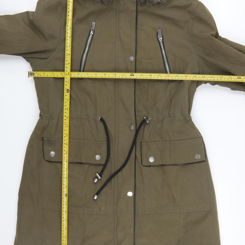 Oasis Women’s Green L Parka Coat with Faux Fur Hood