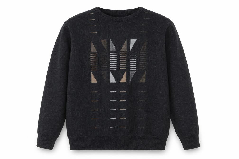 Front view of Winterbeck by Peter Gribby men’s black geometric wool blend pullover xl