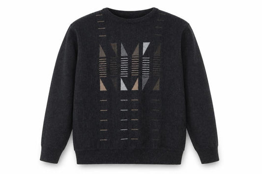Front view of Winterbeck by Peter Gribby men’s black geometric wool blend pullover xl