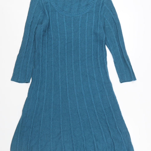 Monsoon Women’s Blue Knit Jumper Dress M 3/4 Sleeve Cotton Angora