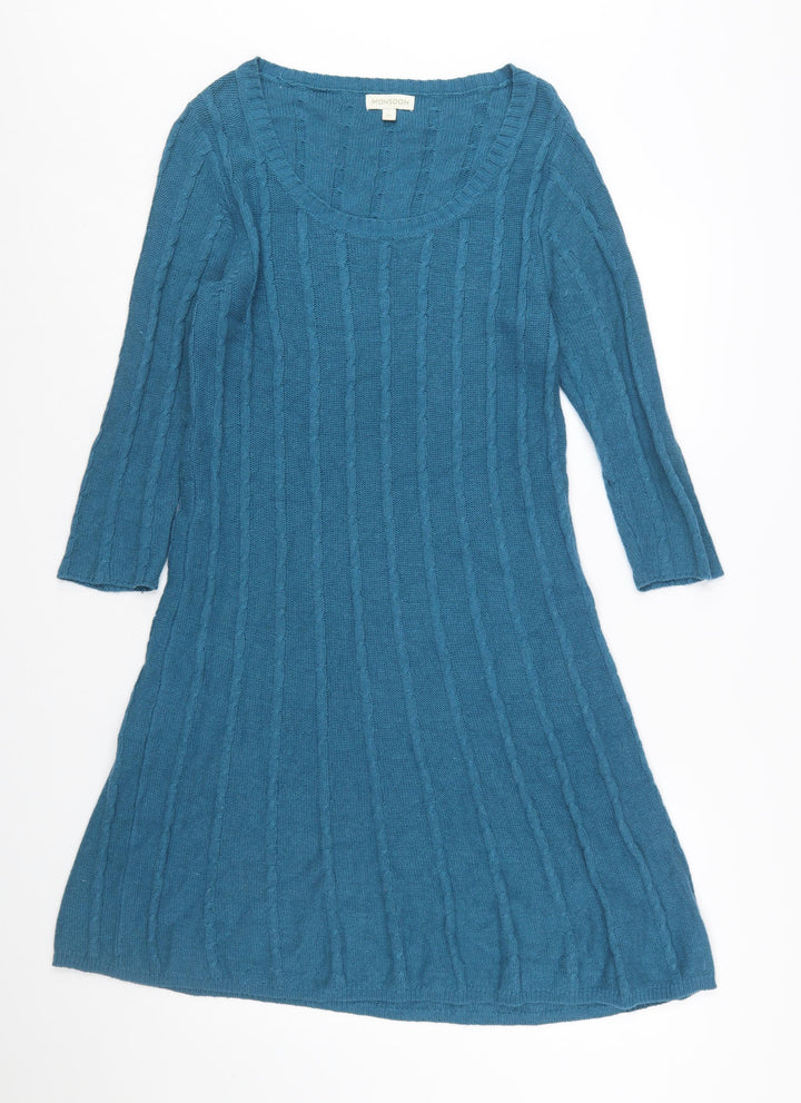 Monsoon Women’s Blue Knit Jumper Dress M 3/4 Sleeve Cotton Angora