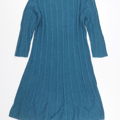 Monsoon Women’s Blue Knit Jumper Dress M 3/4 Sleeve Cotton Angora