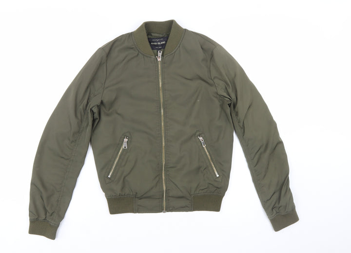 River Island Women's Green Bomber Jacket Size 10 Zip Casual Autumn