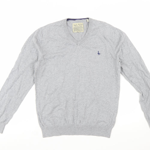 Jack Wills Men's Grey Cotton Cashmere V-Neck Jumper Size M