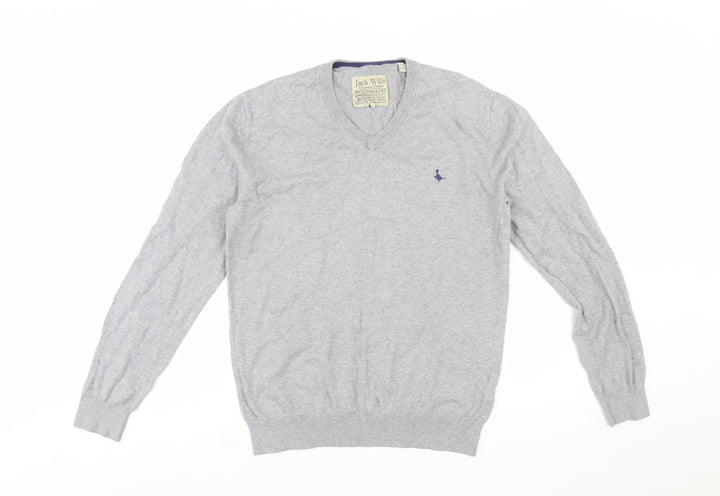Jack Wills Men's Grey Cotton Cashmere V-Neck Jumper Size M