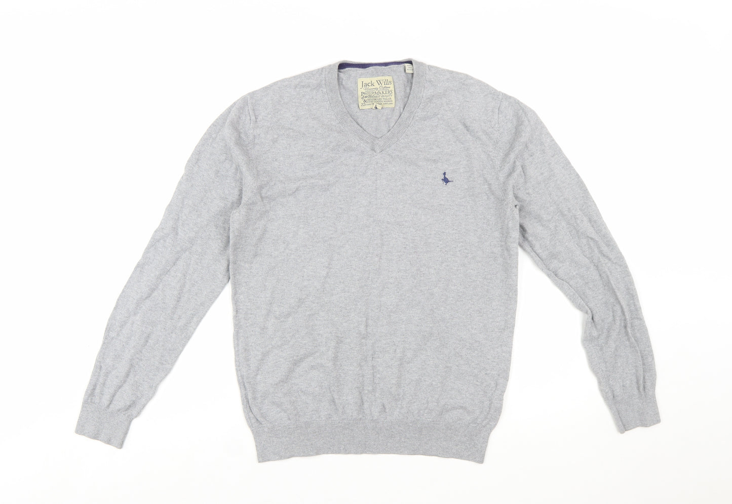 Jack Wills Men's Grey Cotton Cashmere V-Neck Jumper Size M