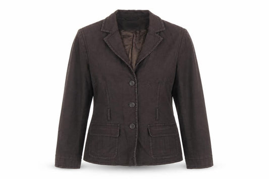 Front view of Monsoon women’s brown cotton linen blazer jacket, size UK 12