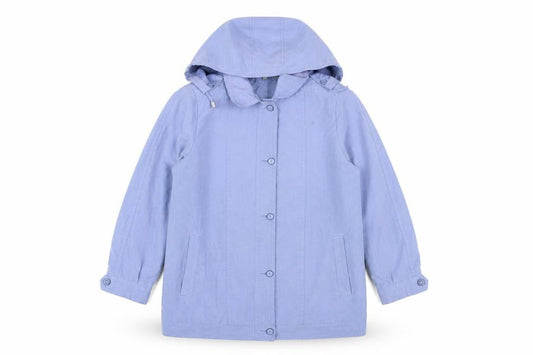 Front view of Classics Women Blue Hooded Mid-Length Rain Coat Jacket, size 12