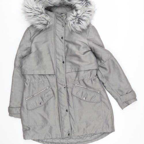 Next Petite Women’s Grey Faux Fur Hooded Parka Coat Size 14P