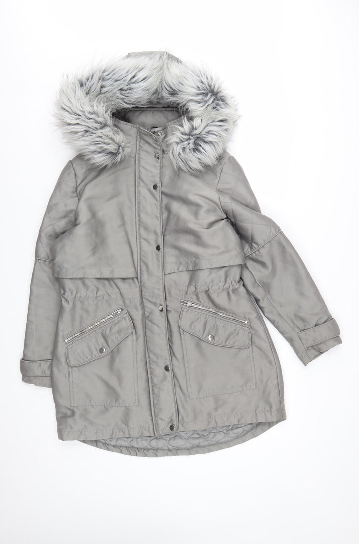 Next Petite Women’s Grey Faux Fur Hooded Parka Coat Size 14P