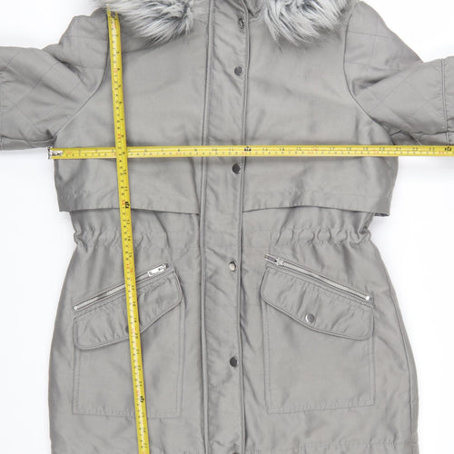 Next Petite Women’s Grey Faux Fur Hooded Parka Coat Size 14P
