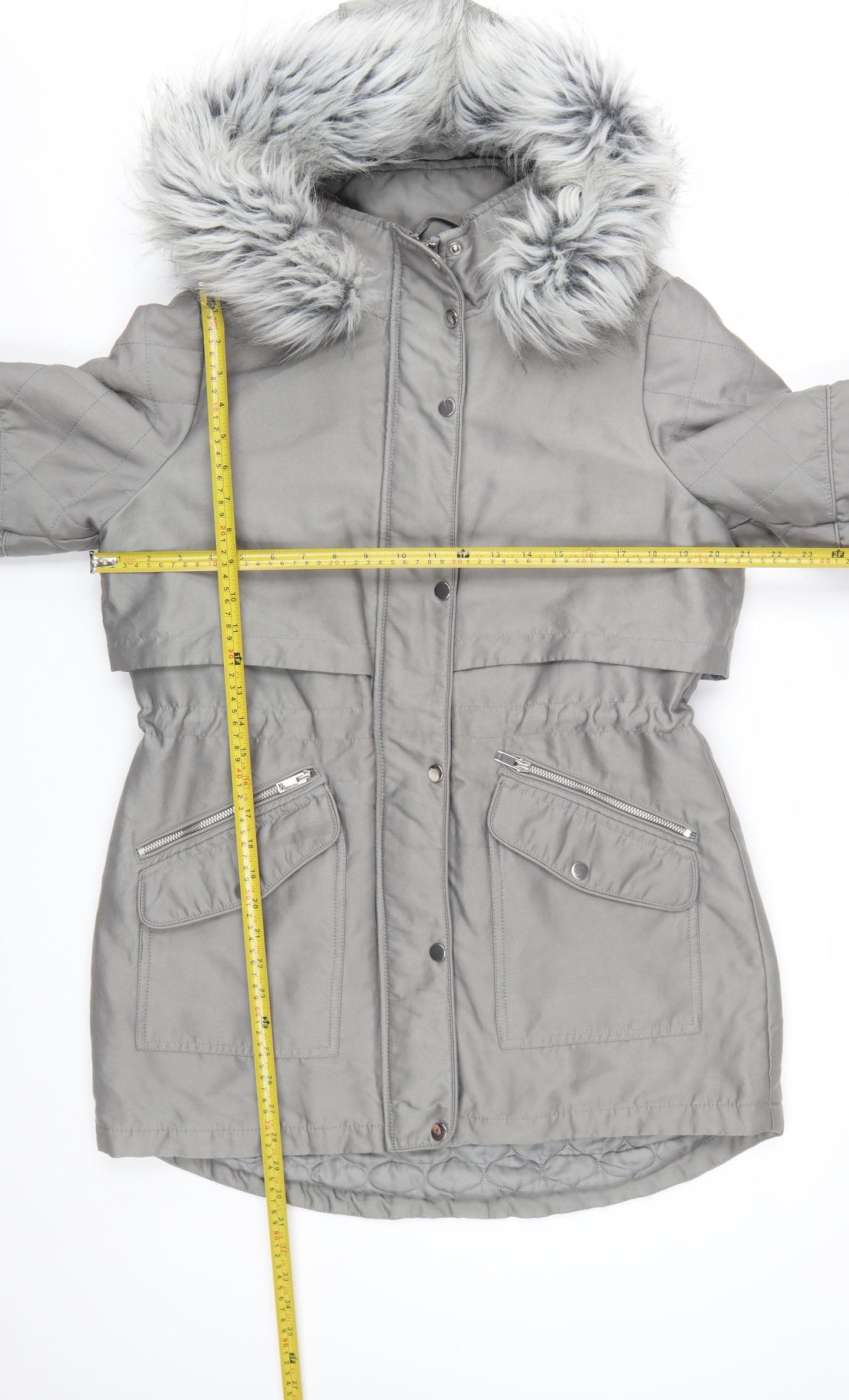 Next Petite Women’s Grey Faux Fur Hooded Parka Coat Size 14P