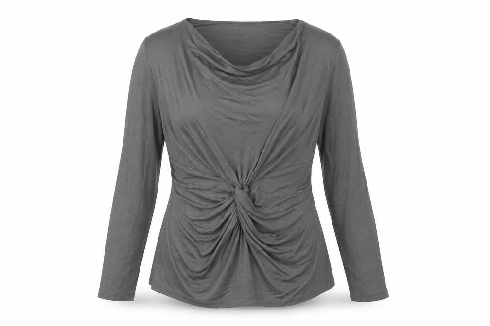 Front view of Fenn Wright Manson Women’s Grey Long Sleeve Cowl Neck Wrap Blouse, size UK 18