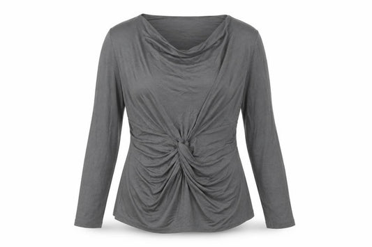 Front view of Fenn Wright Manson Women’s Grey Long Sleeve Cowl Neck Wrap Blouse, size UK 18
