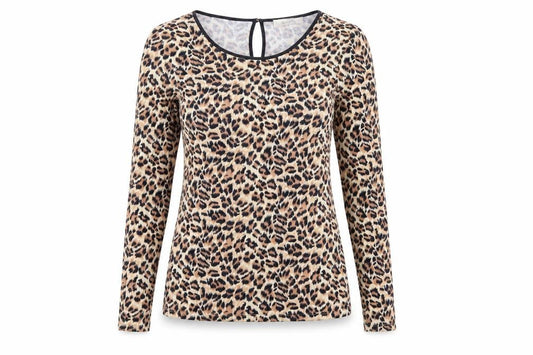 Front view of Oasis Women’s Beige Leopard Long Sleeve Viscose Top, size S
