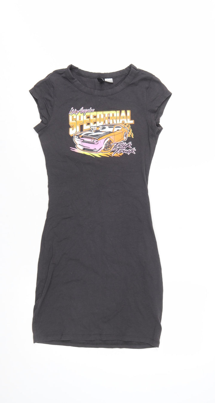 H&M Divided Women's Black Size 8 Cotton T-Shirt Dress with Car Print