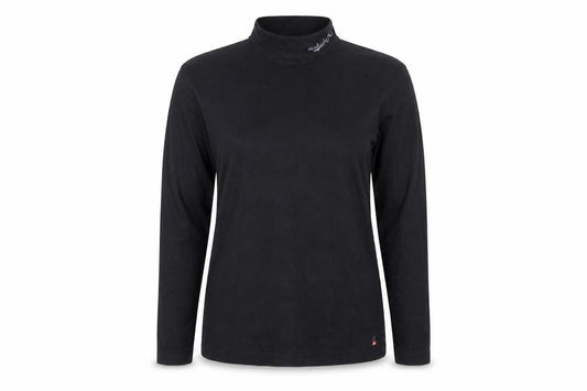 Front view of Quiksilver women’s black 100% cotton long sleeve high neck top, size UK 16