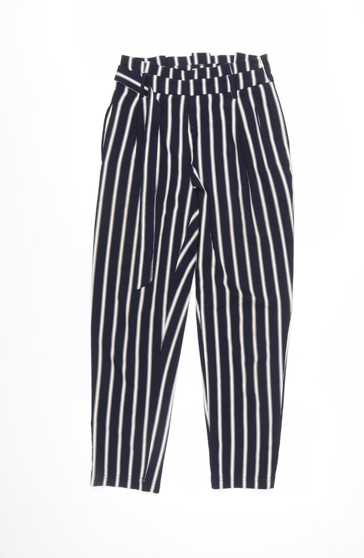 Stradivarius Women Blue Striped Paperbag Trousers Size 8