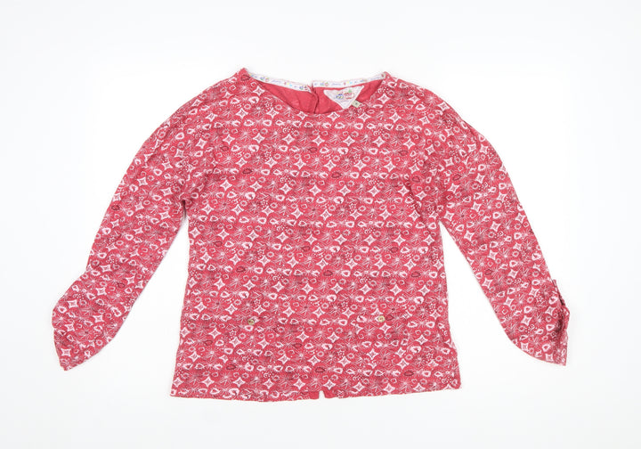 Mantaray Women Red Floral Cotton Long Sleeve Tunic Blouse Size 10