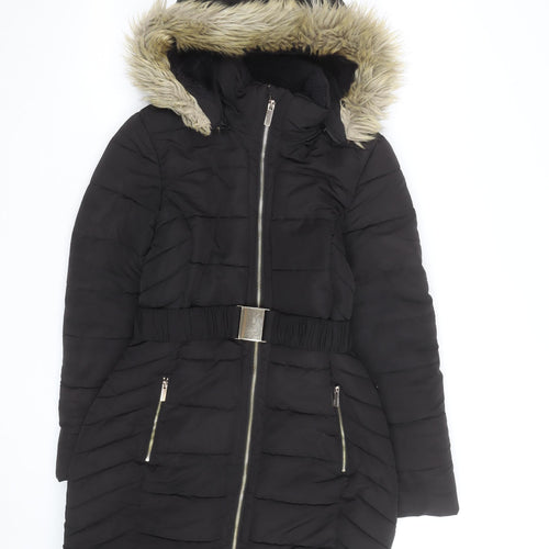 Principles Petite Black Faux Fur Trim Belted Puffer Coat Women’s Size 8