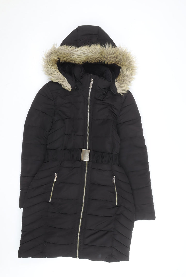 Principles Petite Black Faux Fur Trim Belted Puffer Coat Women’s Size 8