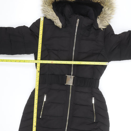Principles Petite Black Faux Fur Trim Belted Puffer Coat Women’s Size 8