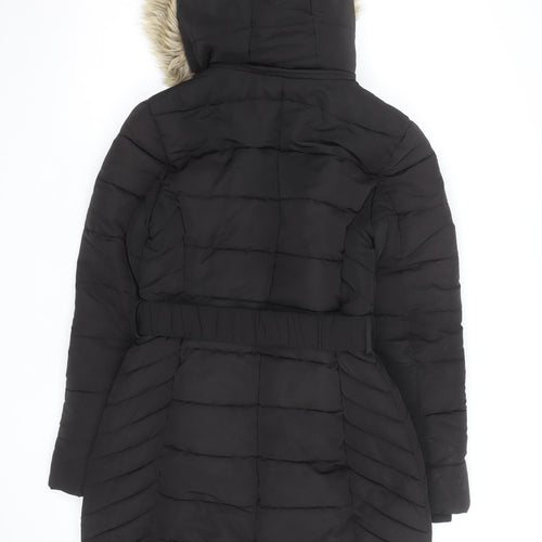Principles Petite Black Faux Fur Trim Belted Puffer Coat Women’s Size 8