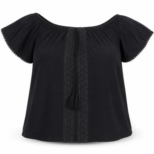 Evans Women's Black Off Shoulder Crochet Tunic Blouse Size 14