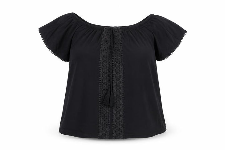 Evans Women's Black Off Shoulder Crochet Tunic Blouse Size 14