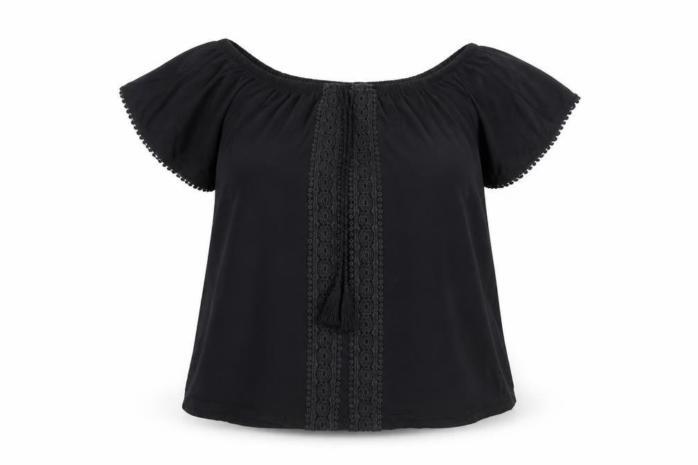 Evans Women's Black Off Shoulder Crochet Tunic Blouse Size 14