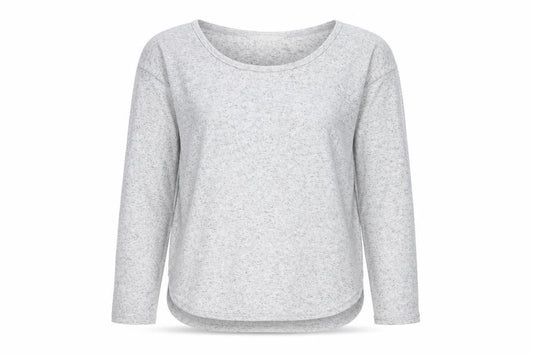 Front view of Miss Selfridge women’s grey long sleeve jersey t-shirt, size UK 6