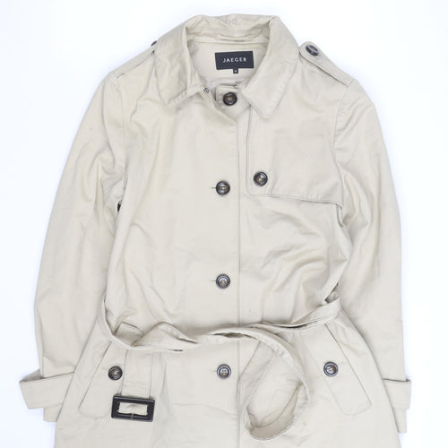 Jaeger Women Beige Trench Coat Size 14 Belted Mid-Length Cotton