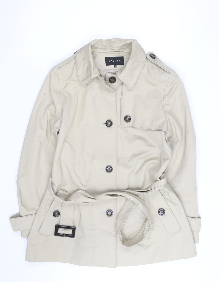 Jaeger Women Beige Trench Coat Size 14 Belted Mid-Length Cotton