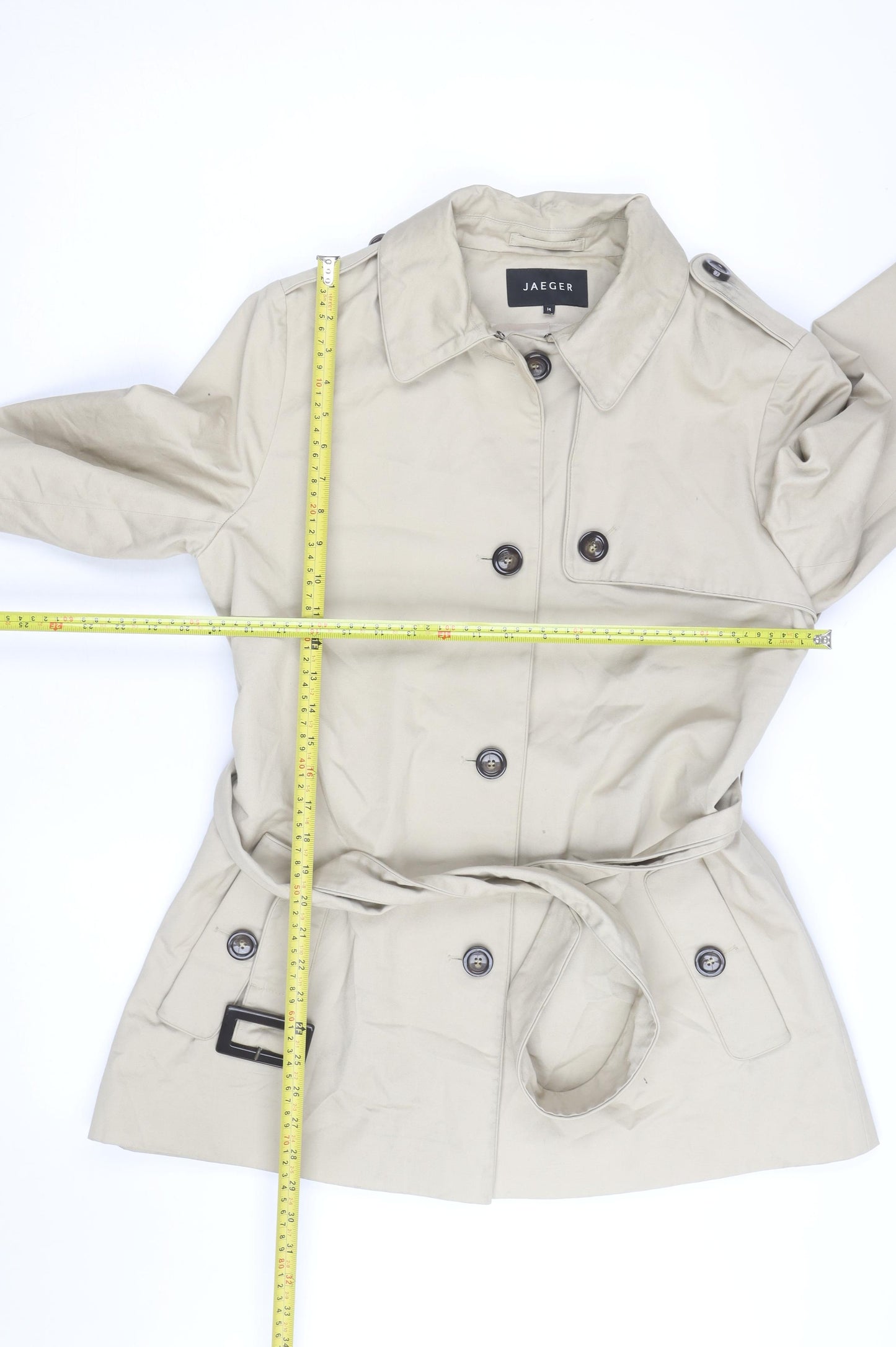 Jaeger Women Beige Trench Coat Size 14 Belted Mid-Length Cotton