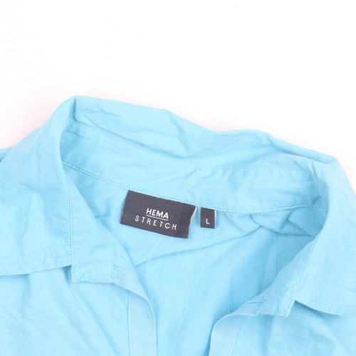 HEMA Men's Blue Stretch Cotton 3/4 Sleeve Collared Casual Shirt L
