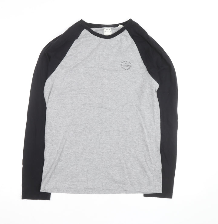 Jack Wills Men's Grey Colourblock Long Sleeve Cotton Top Size S