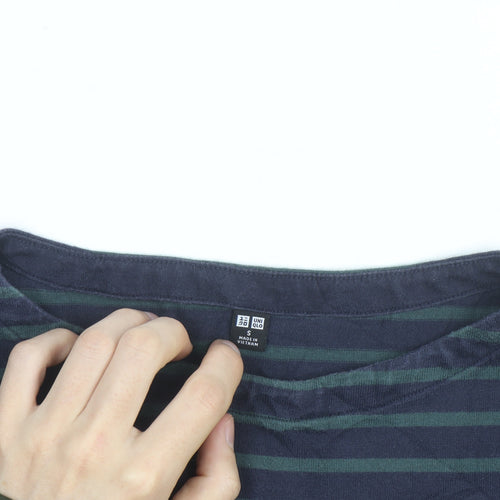 Uniqlo Men's Navy Green Striped Long Sleeve Cotton Top Size S