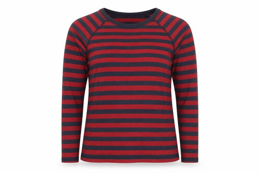 Front view of Whistles Women's Red Navy Striped Long Sleeve Cotton T-Shirt, size 8