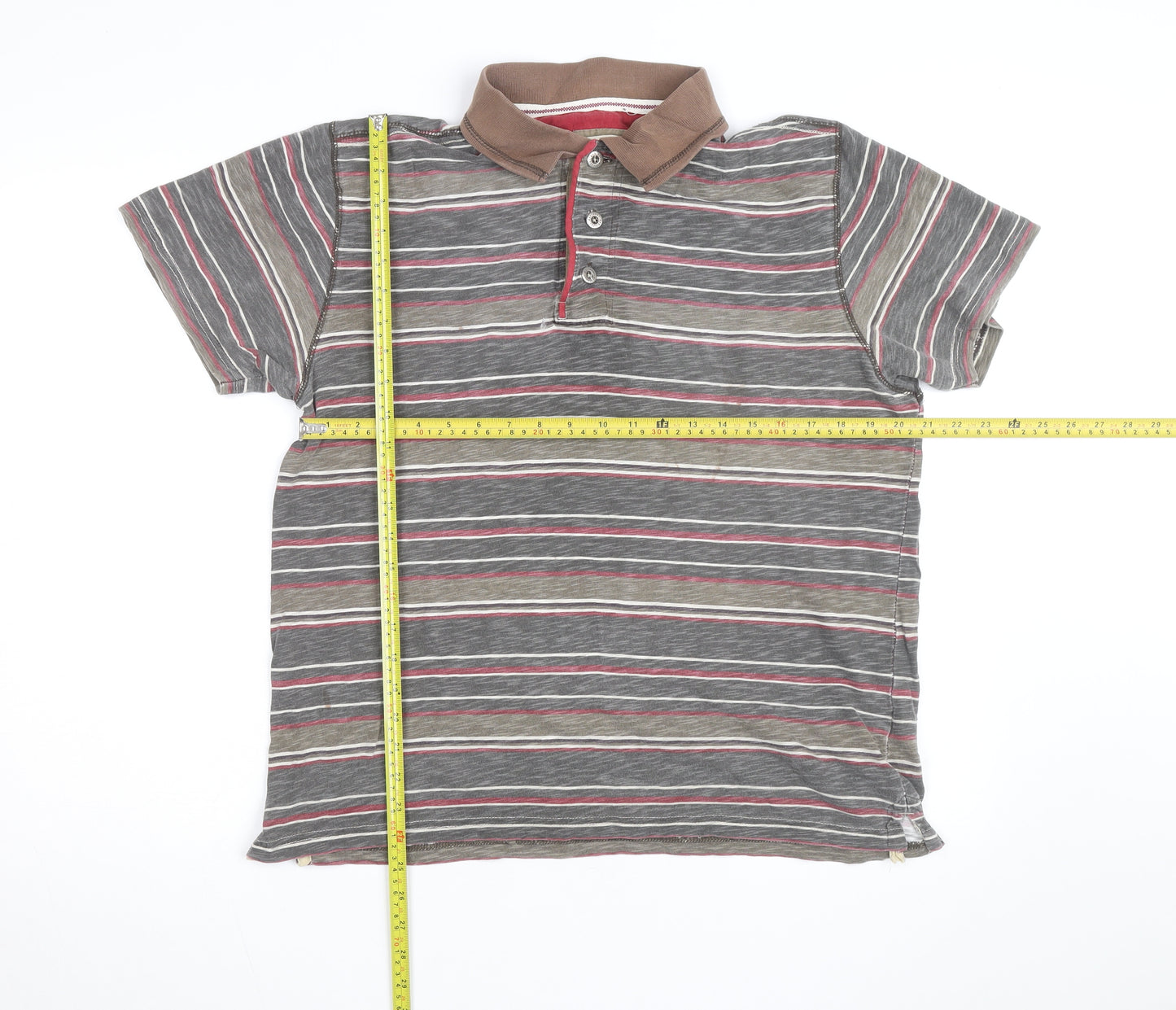 Mantaray Men's Brown Striped Cotton Short Sleeve Polo Shirt M