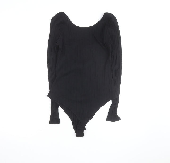 H&M Women Black Ribbed Long Sleeve Bodysuit Size L