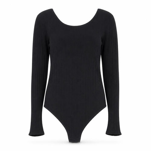 H&M Women Black Ribbed Long Sleeve Bodysuit Size L