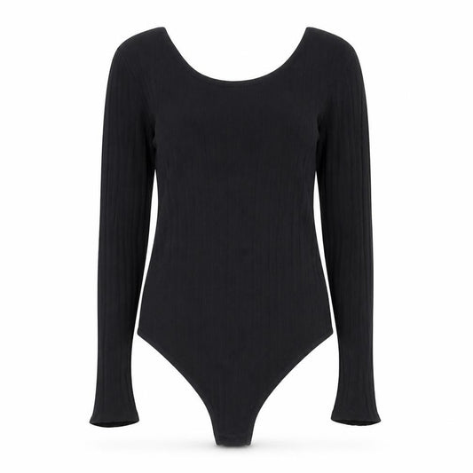 H&M Women Black Ribbed Long Sleeve Bodysuit Size L