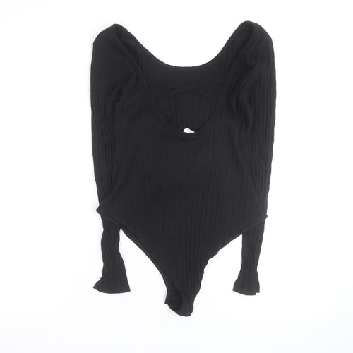 H&M Women Black Ribbed Long Sleeve Bodysuit Size L
