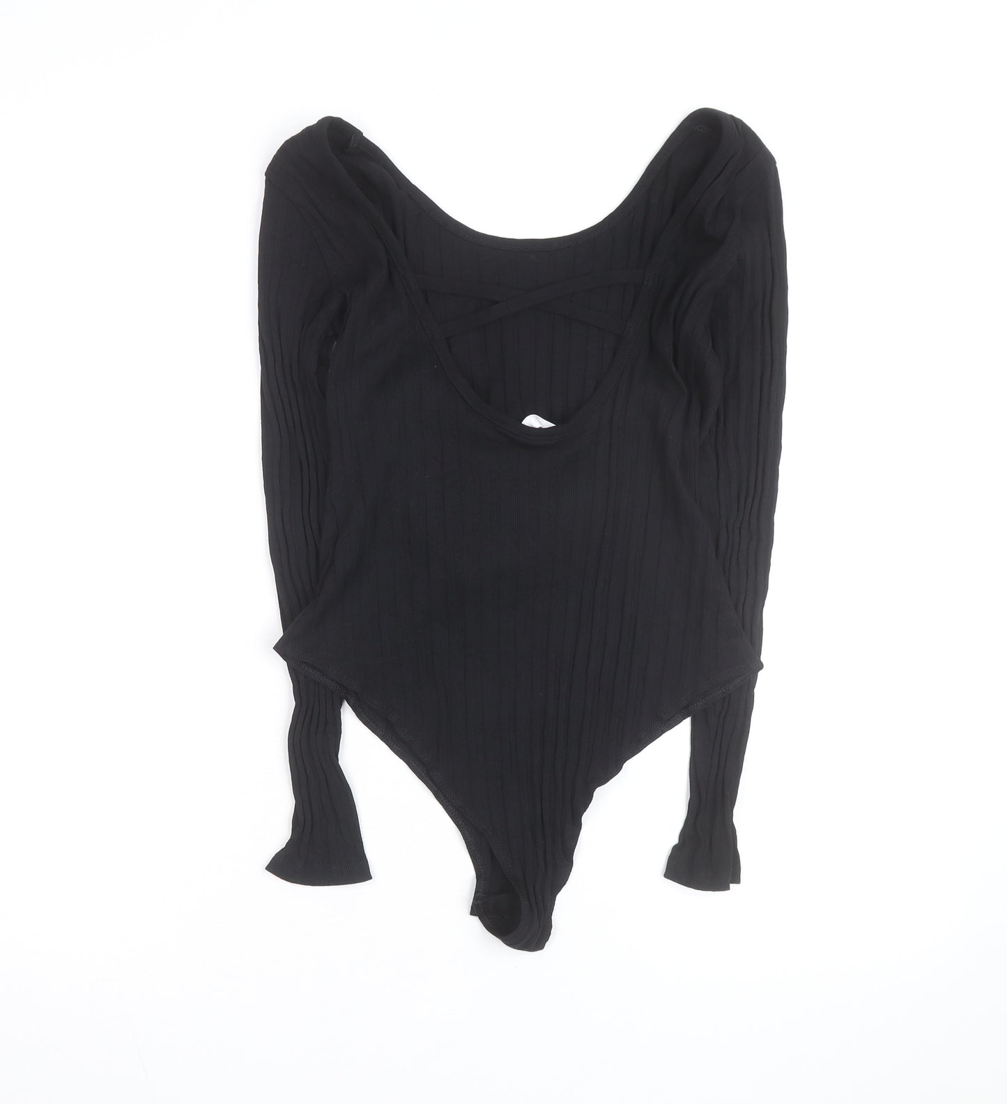 H&M Women Black Ribbed Long Sleeve Bodysuit Size L