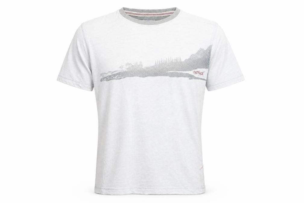 Front view of FatFace Men's White Graphic Print Cotton T-Shirt Size Small