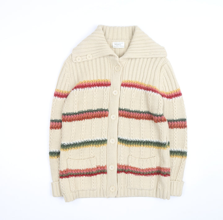 Import Men's Beige Striped Cable-Knit Cardigan L Long Sleeve