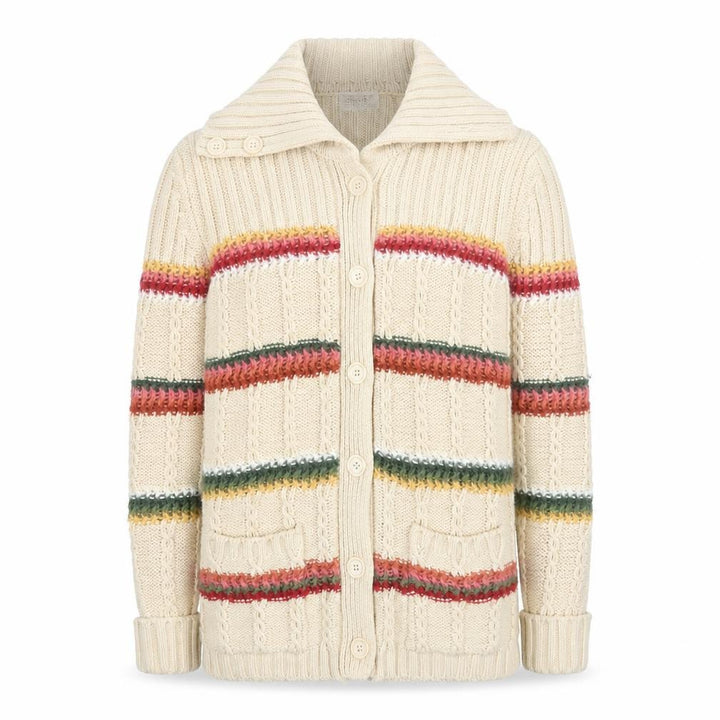 Import Men's Beige Striped Cable-Knit Cardigan L Long Sleeve