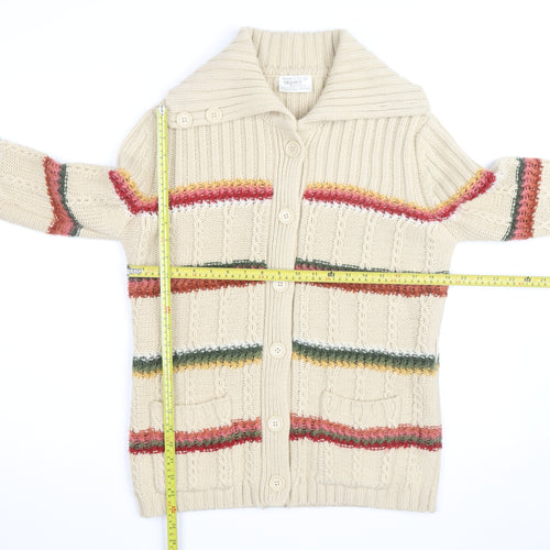 Import Men's Beige Striped Cable-Knit Cardigan L Long Sleeve